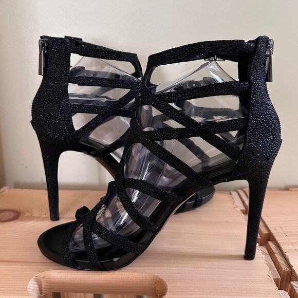 VINCE CAMUTO Cage Black Sparkling Glitter Heels 7.5 Night Out Statement Stiletto - Picture 9 of 16